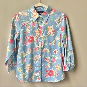 Chaps Button Up Shirt Women's Small‎ Floral Light Blue Pink Preppy Cotton Office